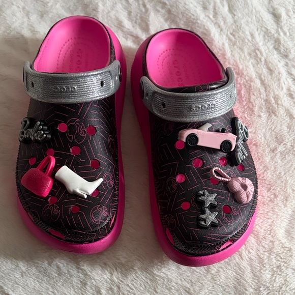 CROCS Shoes - CROCS Kids Black & Hot Pink Clogs with Silver Strap and Fun Charms